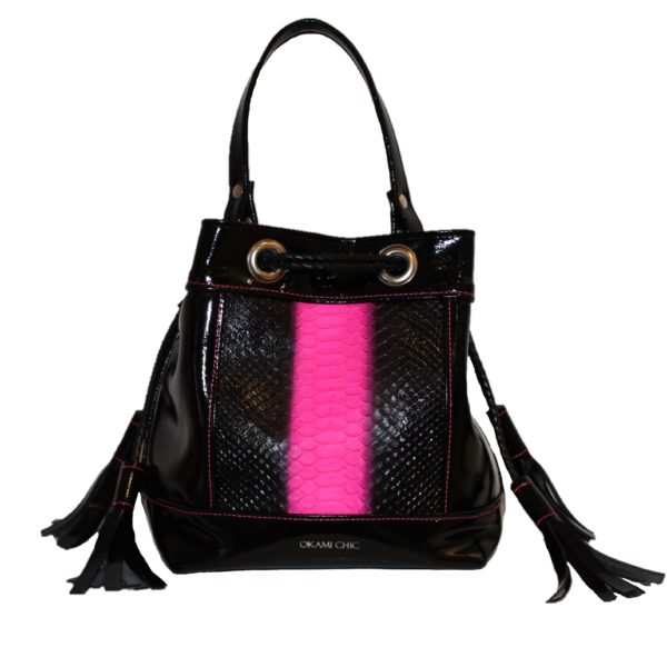 Sac seau cuir de python rose fluo